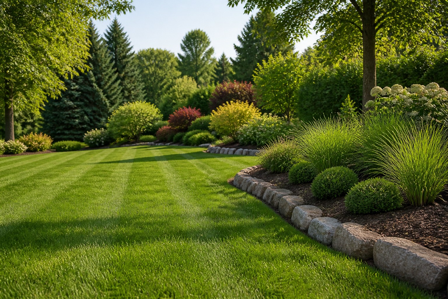A beautifully maintained lawn with crisp mowing stripes, stone-edged garden beds, shrubs, and mature trees